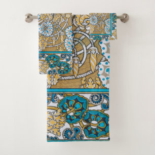Zyklamenblaue Art Nouveau-Blume, botanisch Badhandtuch Set
