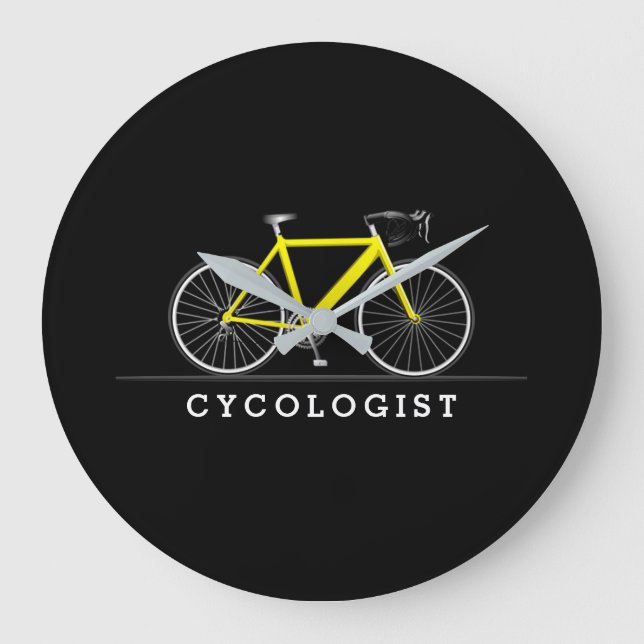 Zykologe Text mit gelbem Fahrrad Große Wanduhr (Vorderseite)