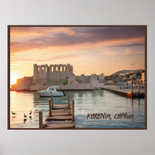 Zypern Kyrenia Aquarellskizze mit Yacht   Poster