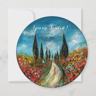 ZYPRESSEBÄUME UND -POPPIEN IN DER Toskana, rot-bla Einladung