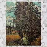Zypressen und zwei Frauen von Vincent van Gogh Puzzle<br><div class="desc">Cypresses and Two Women von Vincent van Gogh ist eine Vintage Kunst Post-Impressionismus Landschaft Natur Malerei. Ein Symbol der Freundschaft, die besten Freunde, die einen Spaziergang über die Landstraße im Süden Frankreichs machen. Ein Blick auf Zypressen mit zwei weiblichen Figuren und weißen flauschigen Wolken in einem blauen Sommerhimmel. Ein Bauernhaus...</div>
